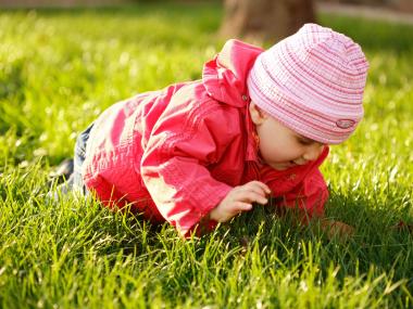 Lille pige leger i græs